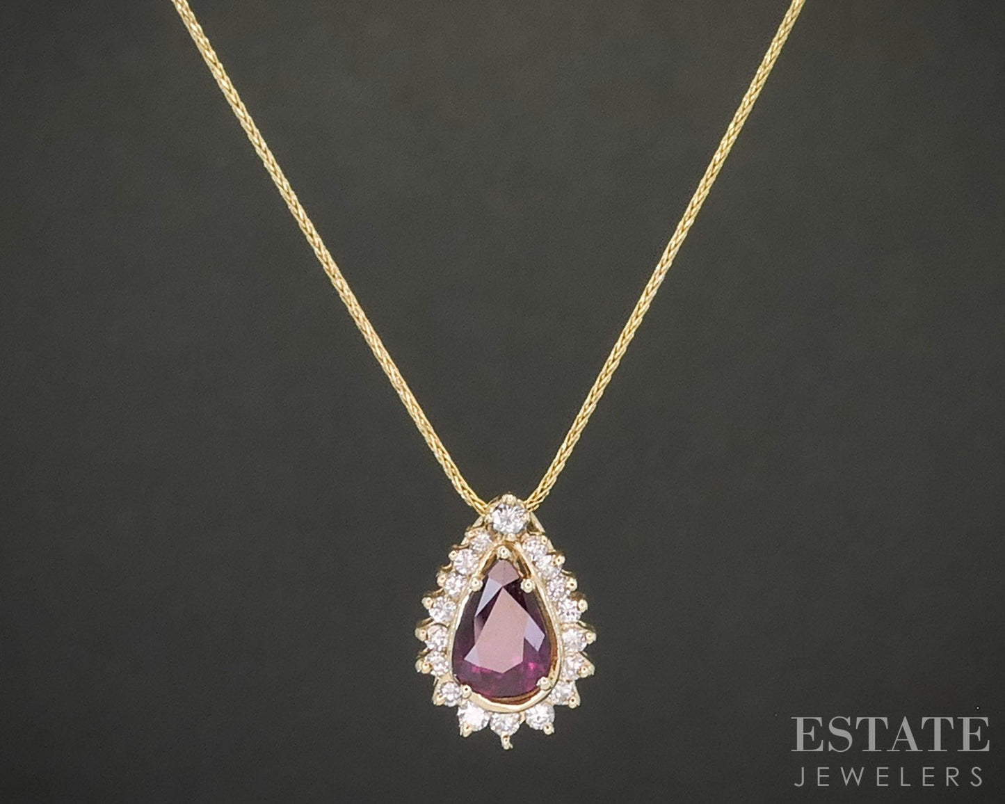 14k Yellow Gold Pear Natural Ruby & Diamond Ladies Necklace 3.2g 18"L p15536