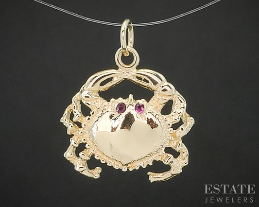14k Yellow Gold Natural Ruby Crab Cancer Zodiac Charm Pendant 1.7g p15538