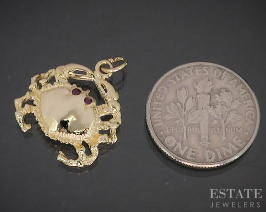 14k Yellow Gold Natural Ruby Crab Cancer Zodiac Charm Pendant 1.7g p15538