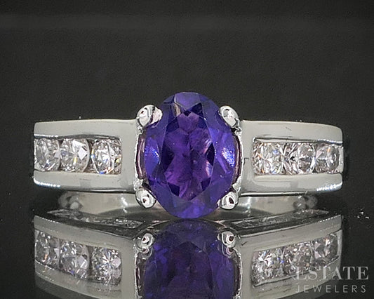 14k White Gold Oval Natural Amethyst & Diamond Ladies Ring 4.3g p15552