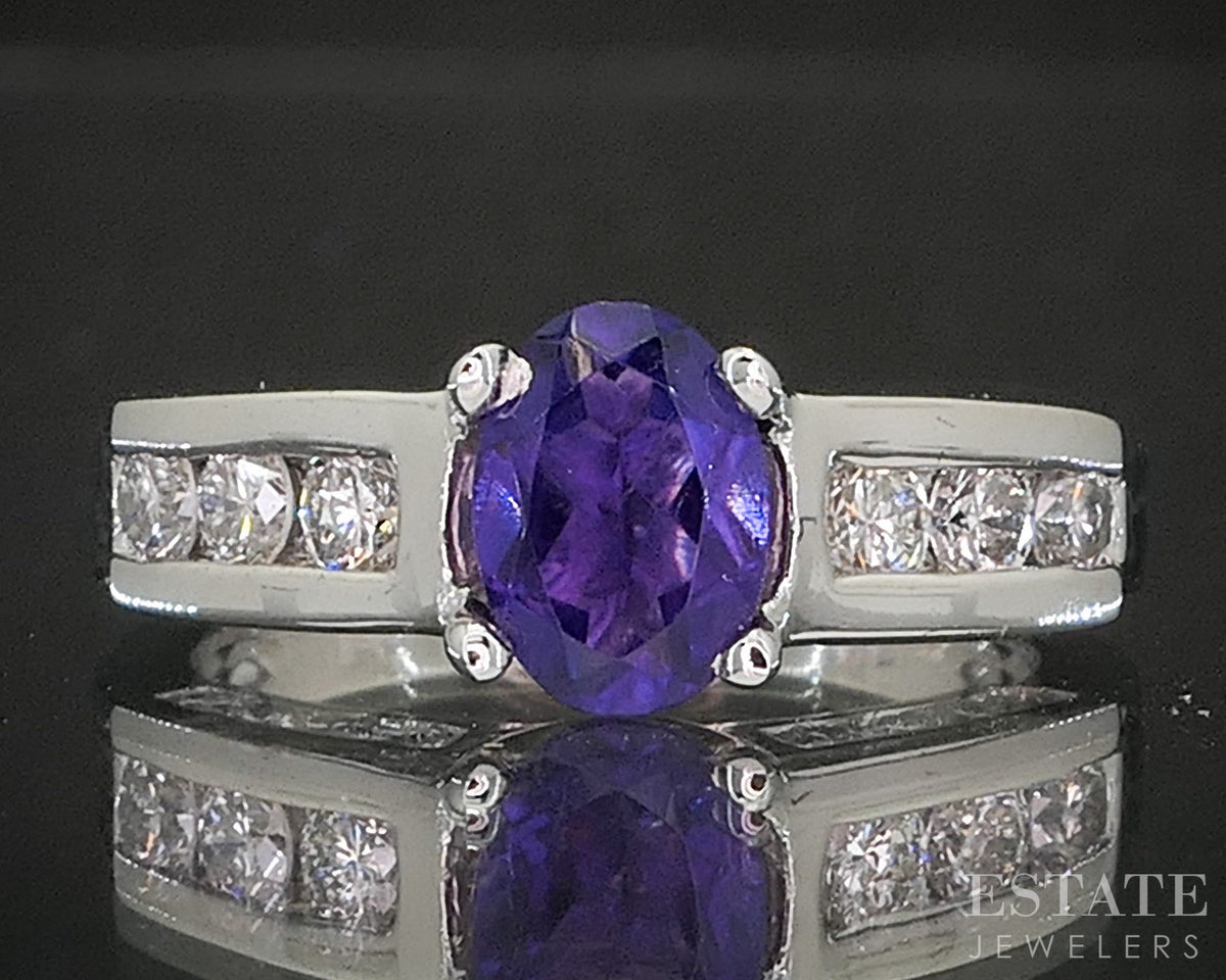14k White Gold Oval Natural Amethyst & Diamond Ladies Ring 4.3g p15552