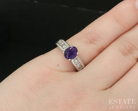 14k White Gold Oval Natural Amethyst & Diamond Ladies Ring 4.3g p15552