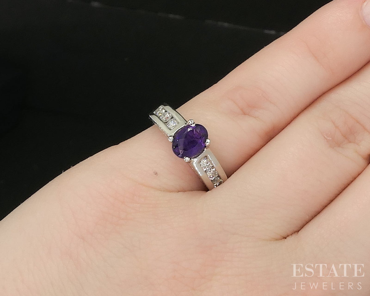 14k White Gold Oval Natural Amethyst & Diamond Ladies Ring 4.3g p15552