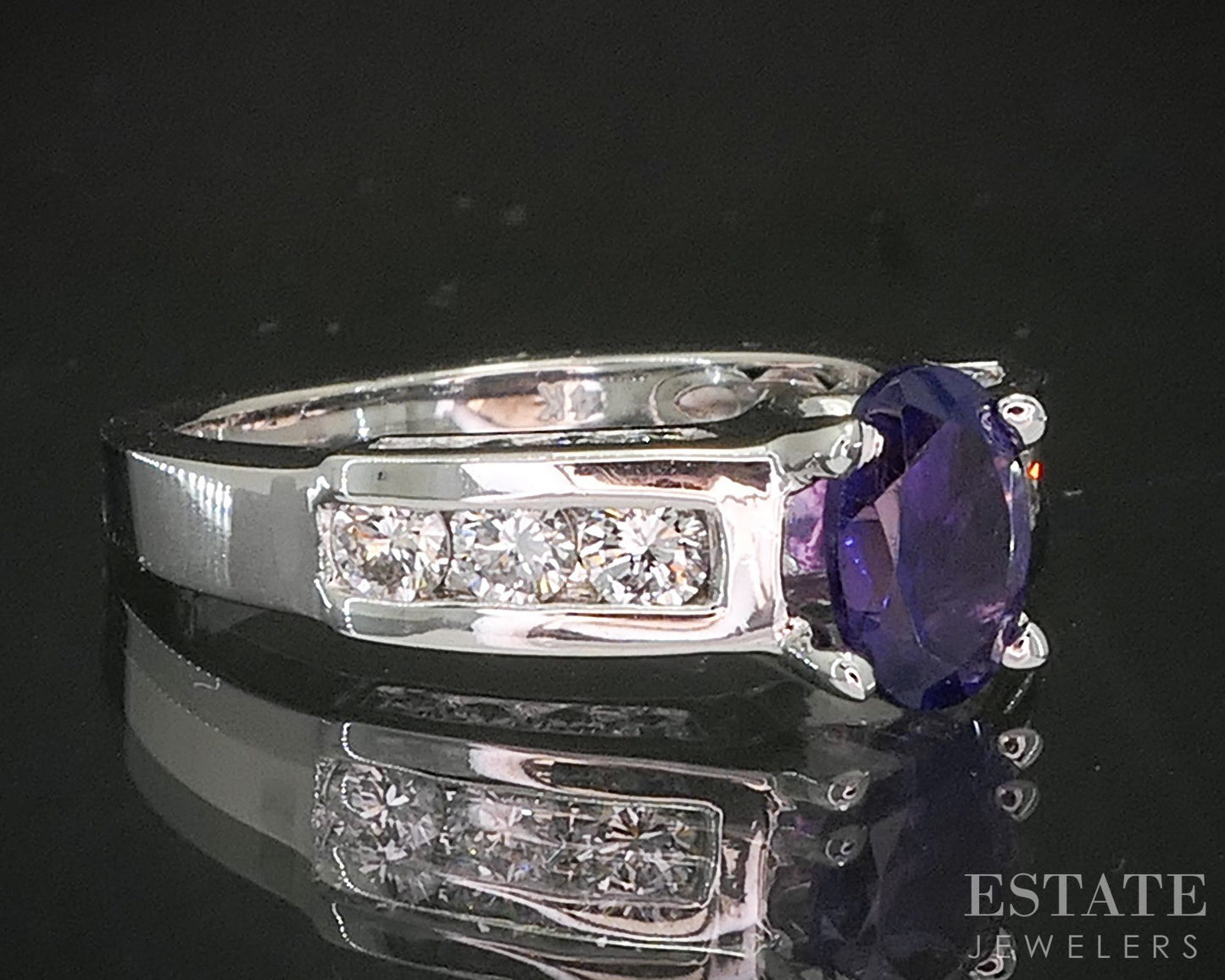 14k White Gold Oval Natural Amethyst & Diamond Ladies Ring 4.3g p15552