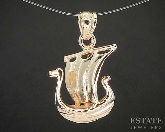 14k Yellow Gold Dimensional Viking Ship Charm Pendant 1.2g p15550