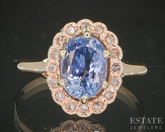 10k Yellow Gold Natural Blue Sapphire & Diamond Halo Ladies Ring 2.7g p15544