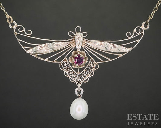 Vintage 14k White Gold Natural Ruby & Pearl Filigree Necklace 3g 18"L p15543