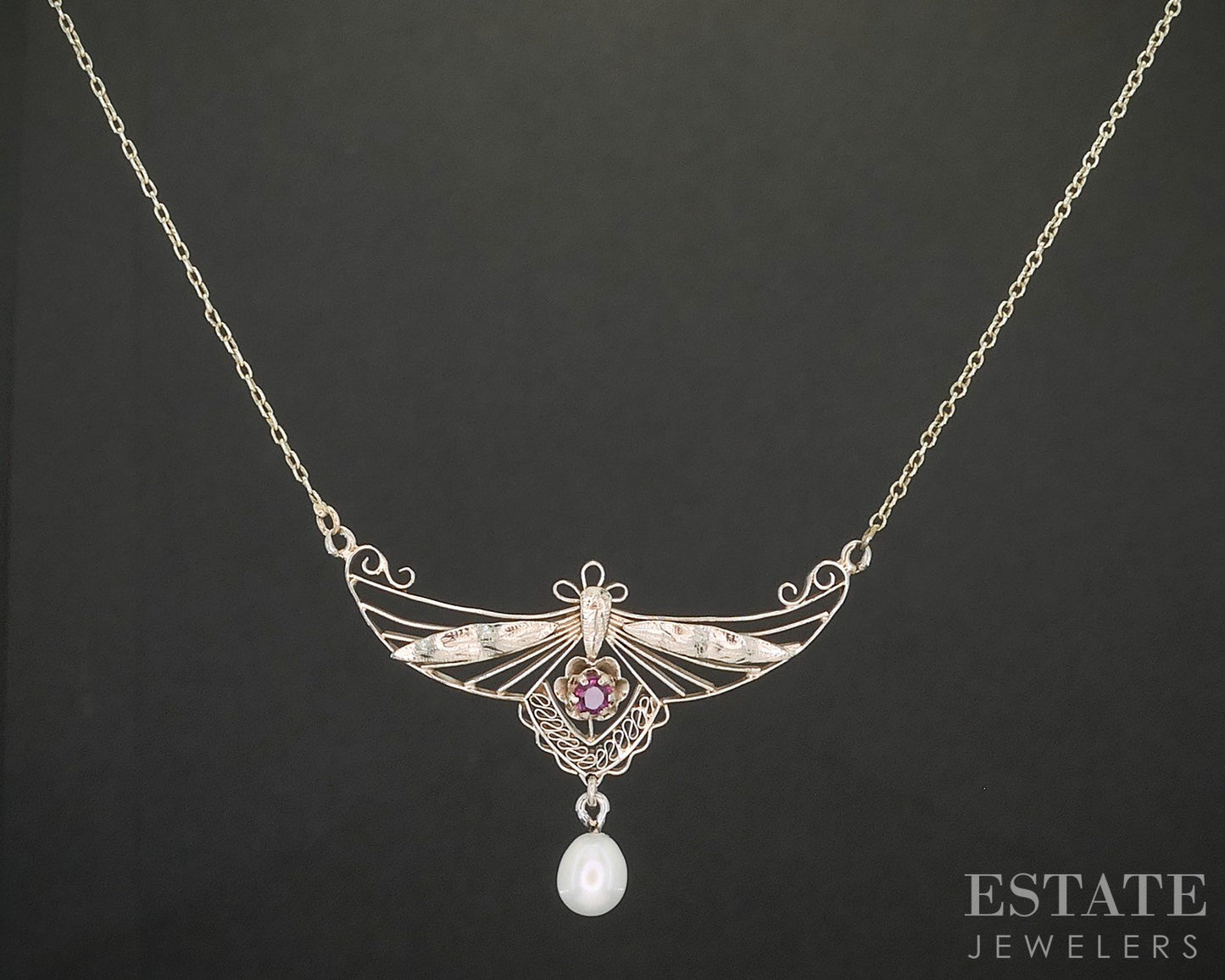 Vintage 14k White Gold Natural Ruby & Pearl Filigree Necklace 3g 18"L p15543