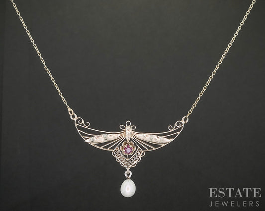 Vintage 14k White Gold Natural Ruby & Pearl Filigree Necklace 3g 18"L p15543