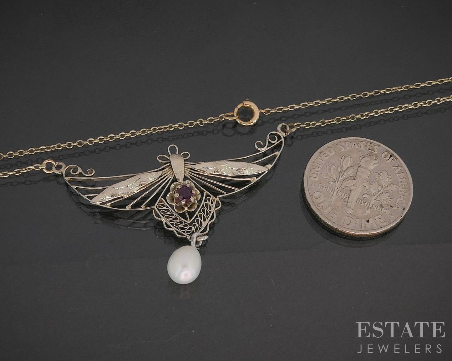 Vintage 14k White Gold Natural Ruby & Pearl Filigree Necklace 3g 18"L p15543