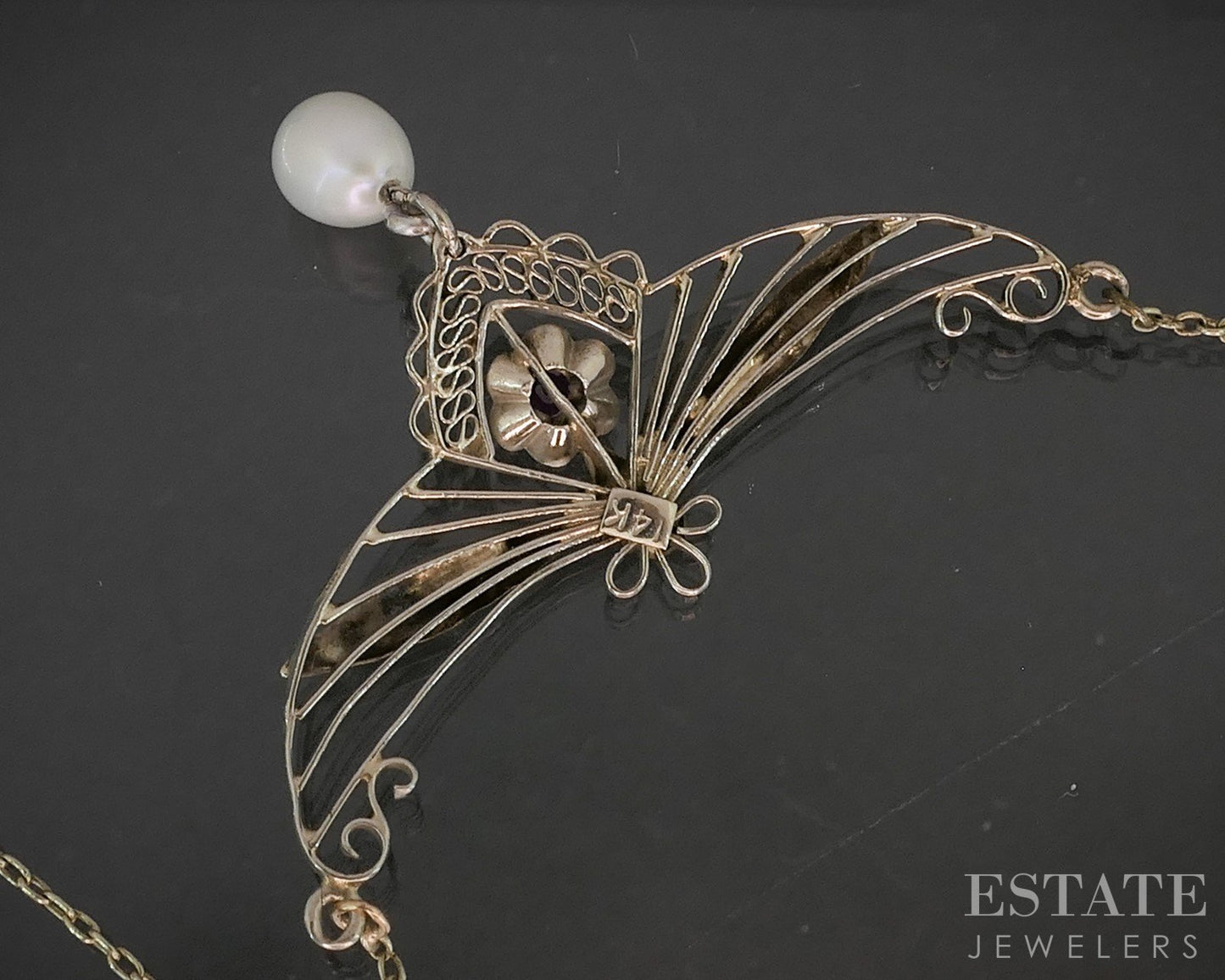 Vintage 14k White Gold Natural Ruby & Pearl Filigree Necklace 3g 18"L p15543