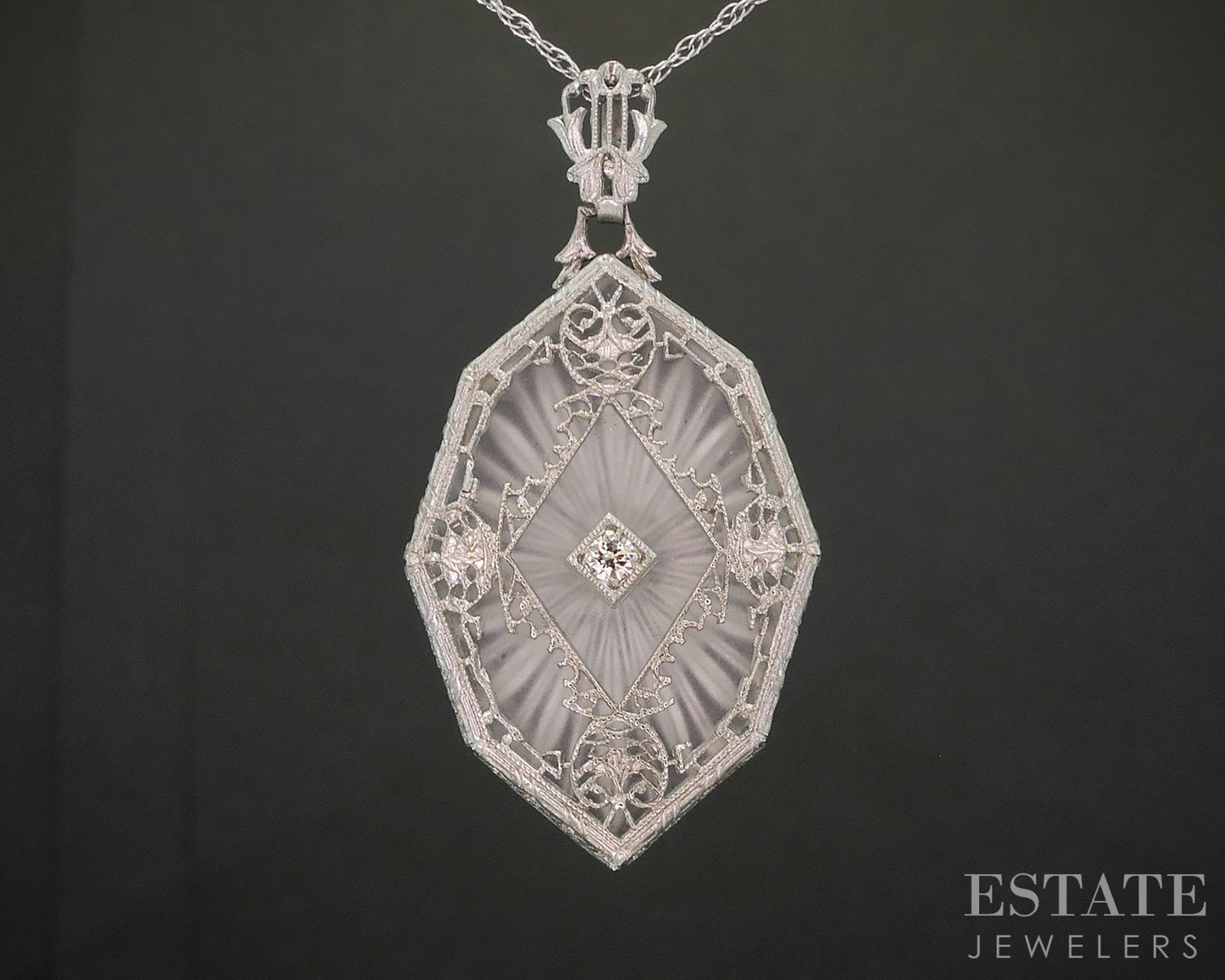 Vintage 14k White Gold Natural Diamond Camphor Glass Filigree Necklace 5g p57240