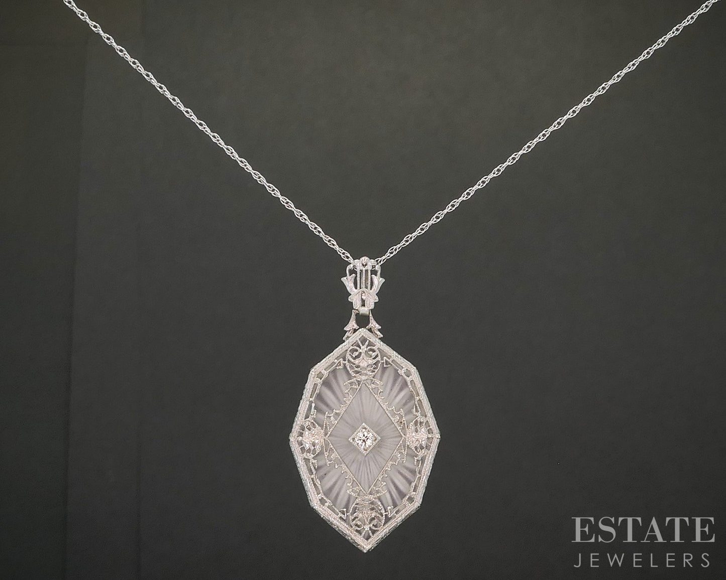 Vintage 14k White Gold Natural Diamond Camphor Glass Filigree Necklace 5g p57240