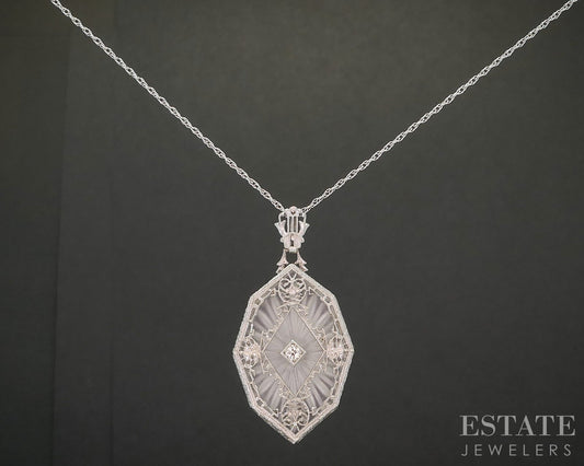 Vintage 14k White Gold Natural Diamond Camphor Glass Filigree Necklace 5g p57240