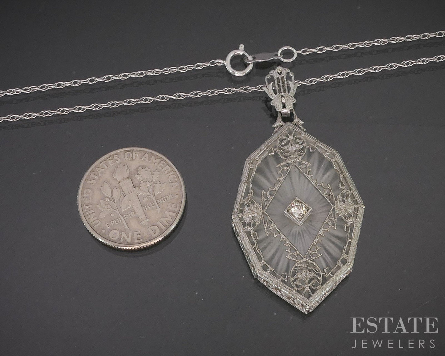 Vintage 14k White Gold Natural Diamond Camphor Glass Filigree Necklace 5g p57240