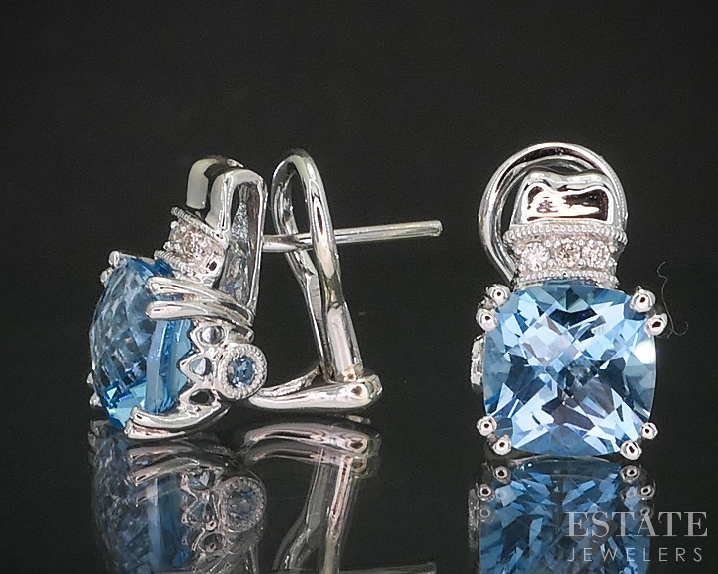 14k White Gold Natural Blue Topaz & Diamond Omega Back Earrings 5.4g p16147b