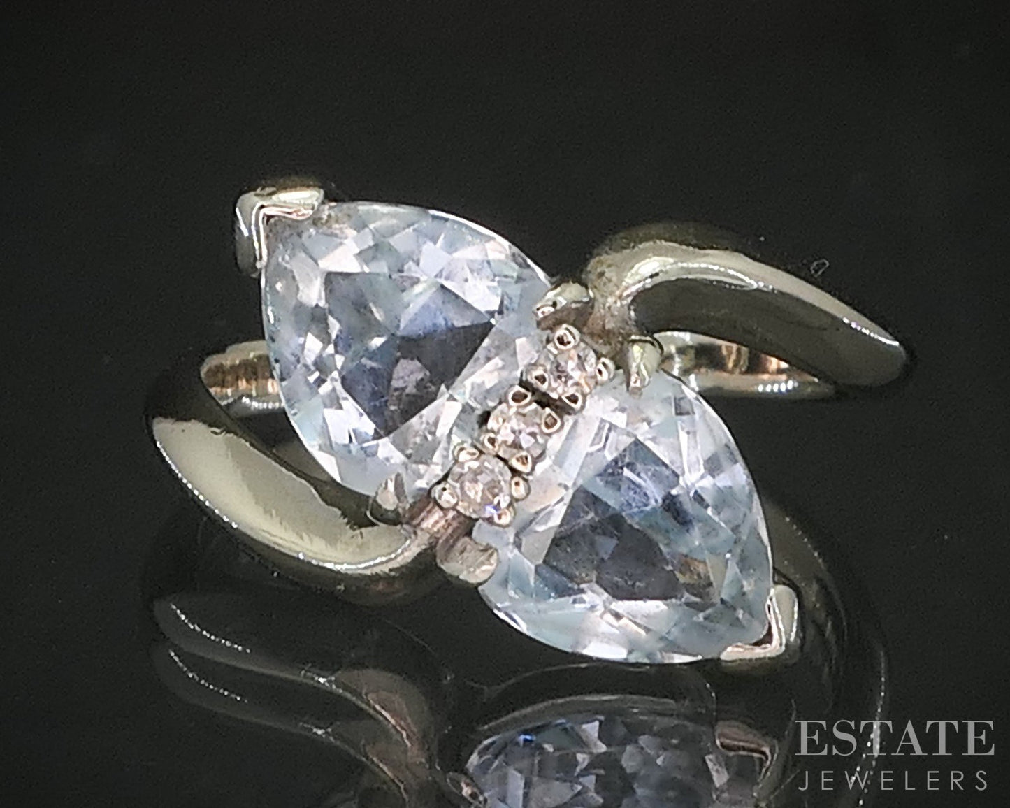 14k White Gold Heart Natural Aquamarine & Diamond Bypass Ladies Ring 4g p16156b