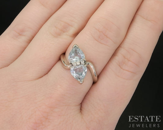 14k White Gold Heart Natural Aquamarine & Diamond Bypass Ladies Ring 4g p16156b