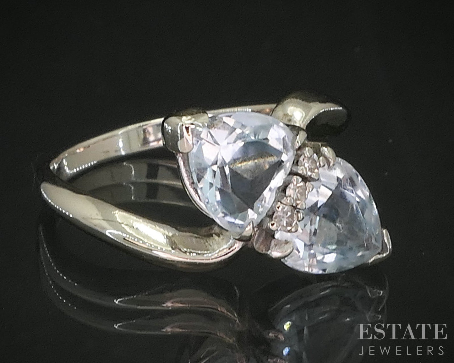 14k White Gold Heart Natural Aquamarine & Diamond Bypass Ladies Ring 4g p16156b
