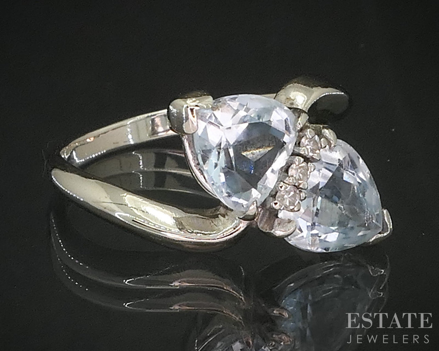 14k White Gold Heart Natural Aquamarine & Diamond Bypass Ladies Ring 4g p16156b