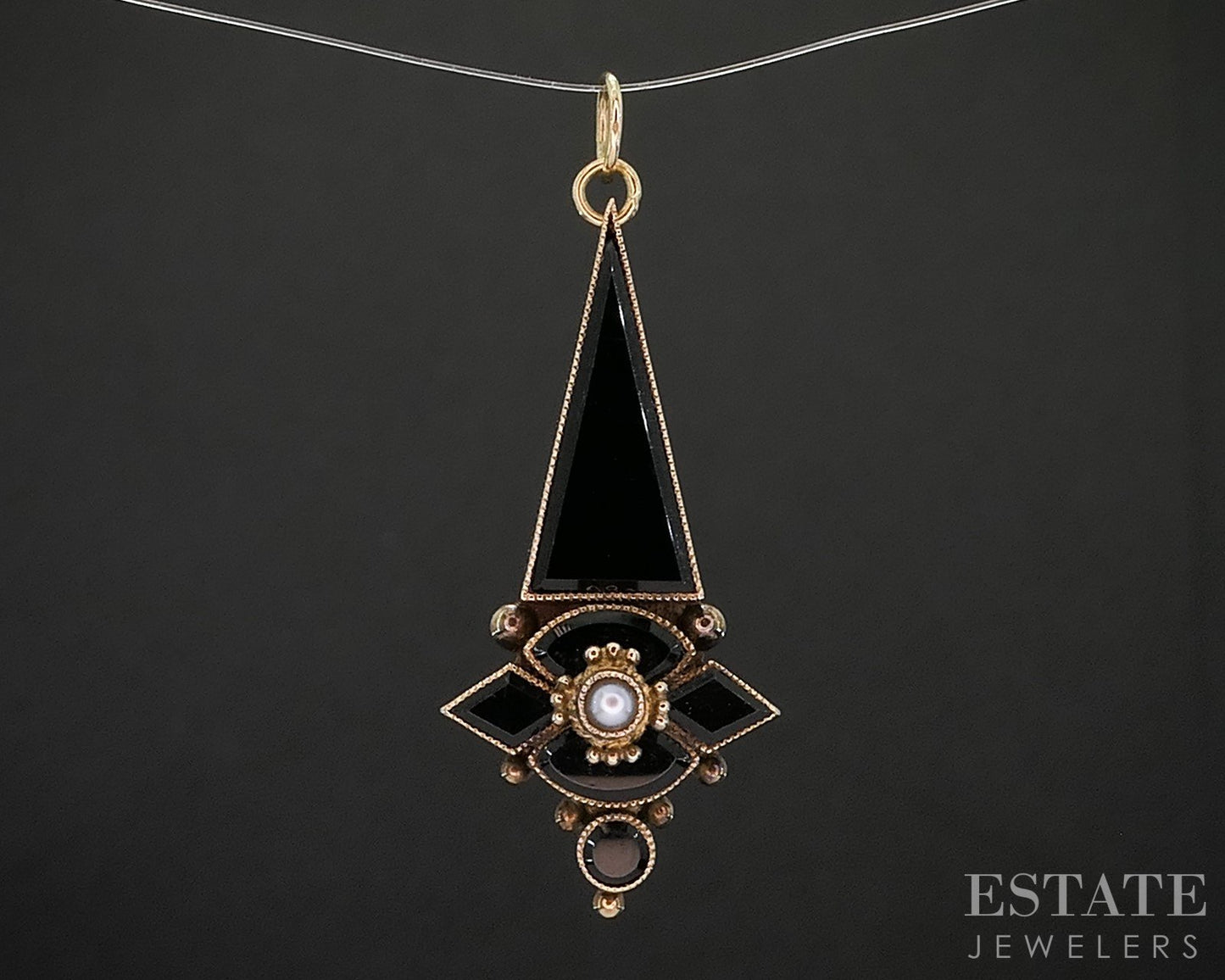 Antique Victorian 10k Yellow Gold Jet & Seed Pearl Mourning Pendant 2.3g p16158b
