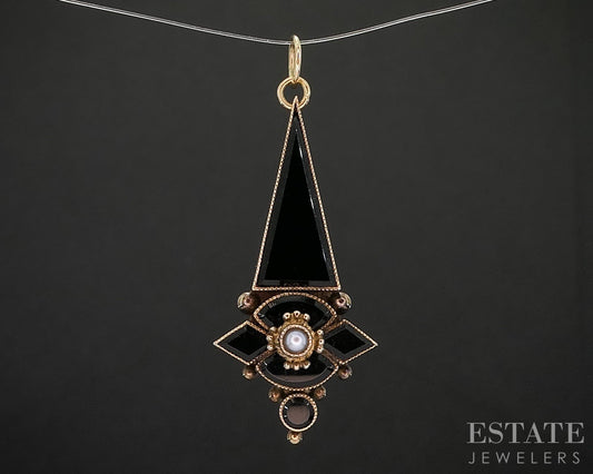 Antique Victorian 10k Yellow Gold Jet & Seed Pearl Mourning Pendant 2.3g p16158b