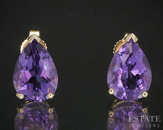 14k Yellow Gold Pear Cut Natural Amethyst Stud Earrings 1.9g p16167b