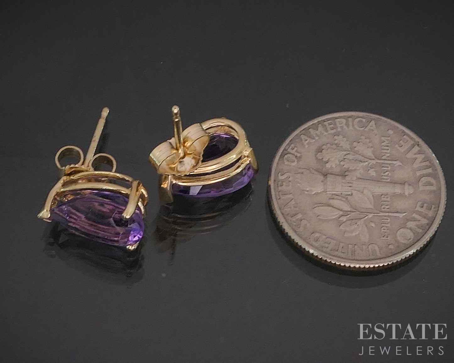 14k Yellow Gold Pear Cut Natural Amethyst Stud Earrings 1.9g p16167b