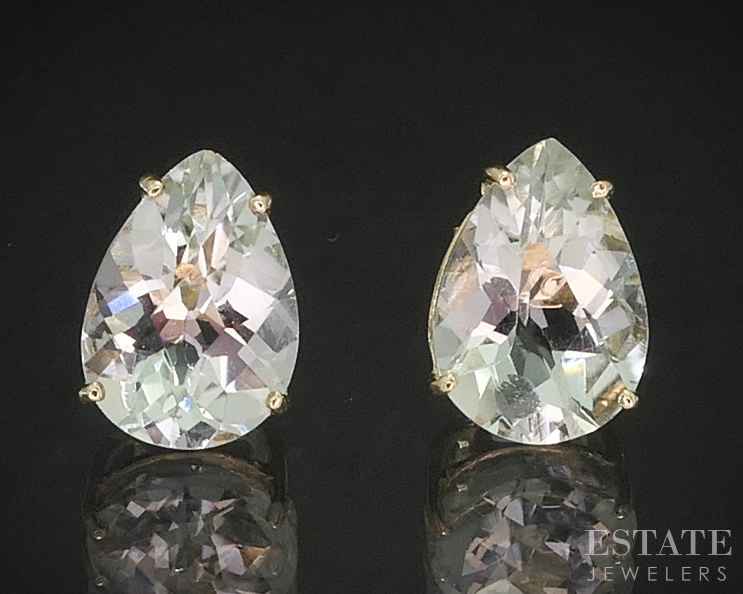14k Yellow Gold Pear Cut Natural Green Amethyst Stud Earrings 1.3g p16168b