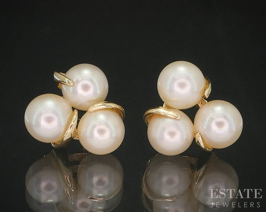 14k Yellow Gold 5mm Cultured Pearl Cluster Trio Stud Earrings 2.1g p16172b