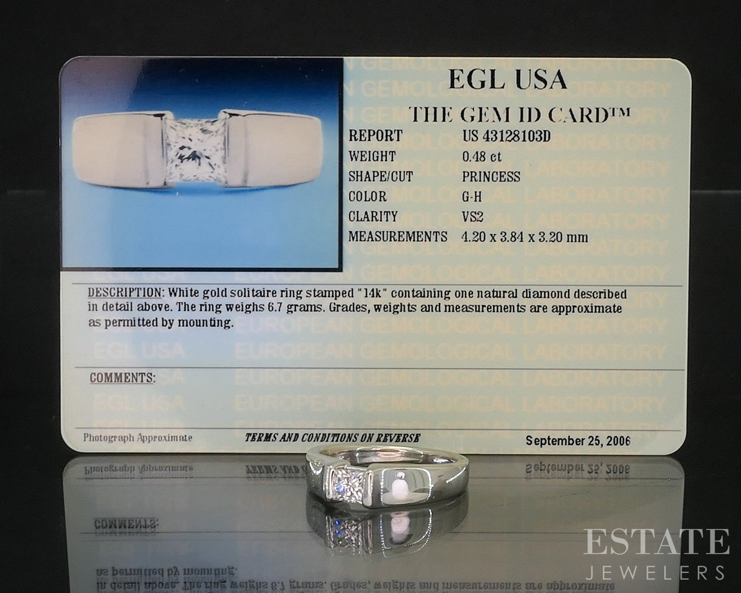 14k White Gold EGL Princess Natural .48ct Diamond Solitaire Ring 6g p16182b