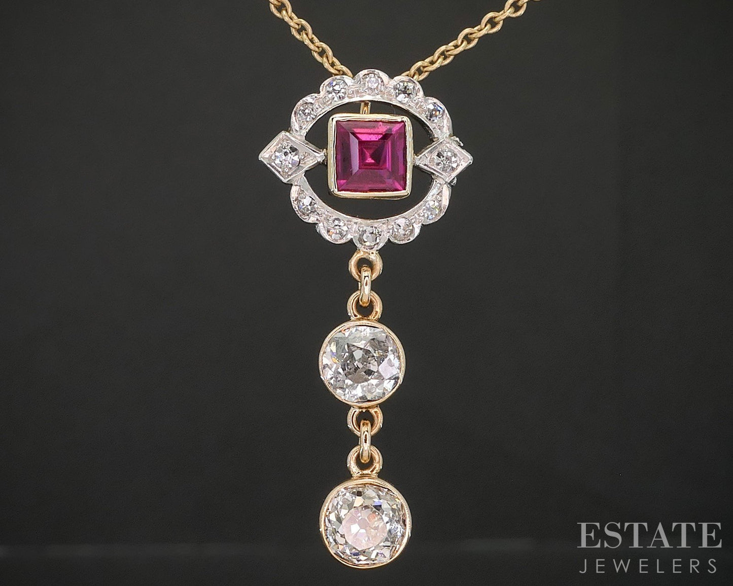 Antique Edwardian Platinum 14k Gold Ruby OEC 1.70ctw Diamond Necklace 6g p15540