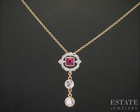 Antique Edwardian Platinum 14k Gold Ruby OEC 1.70ctw Diamond Necklace 6g p15540