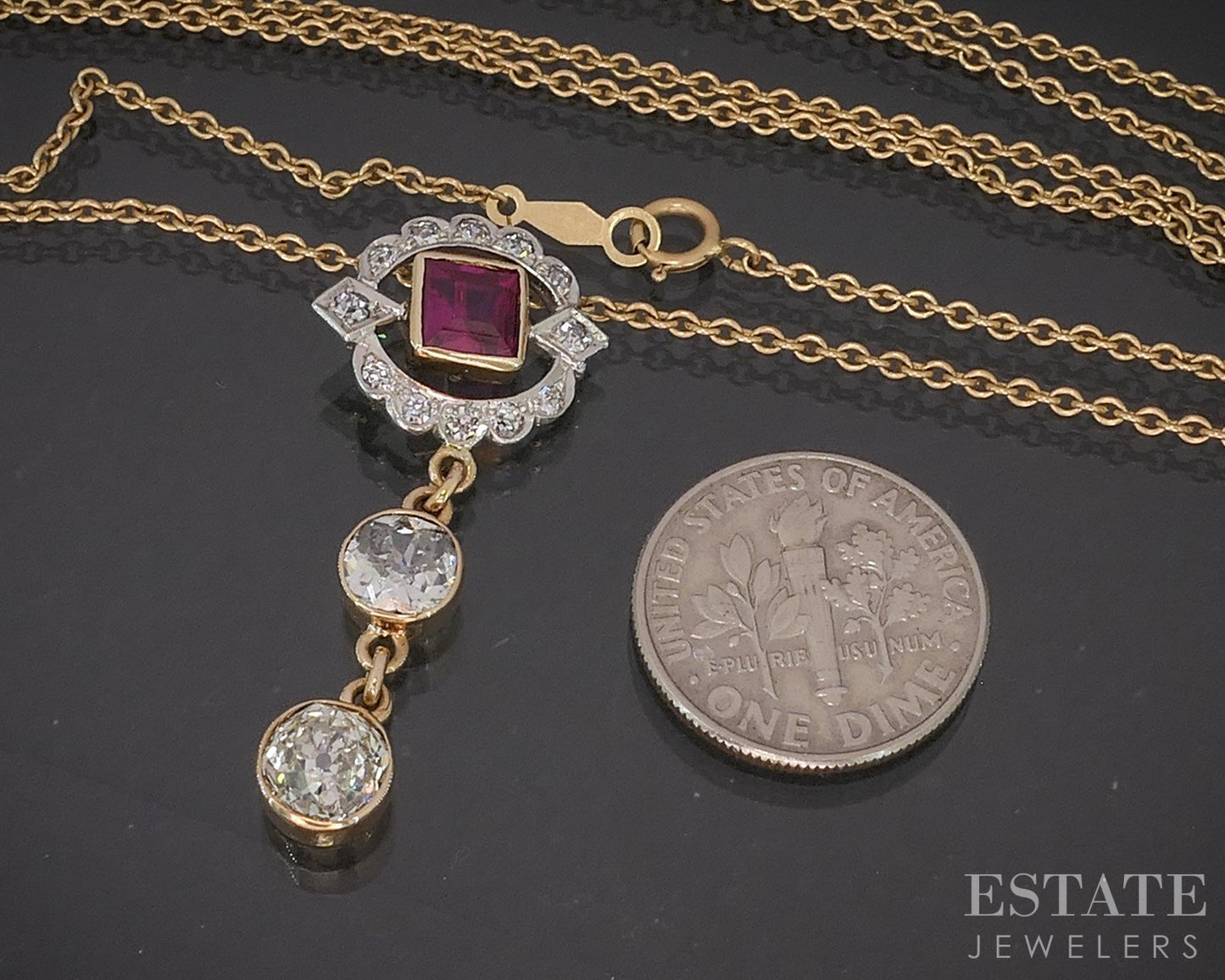 Antique Edwardian Platinum 14k Gold Ruby OEC 1.70ctw Diamond Necklace 6g p15540