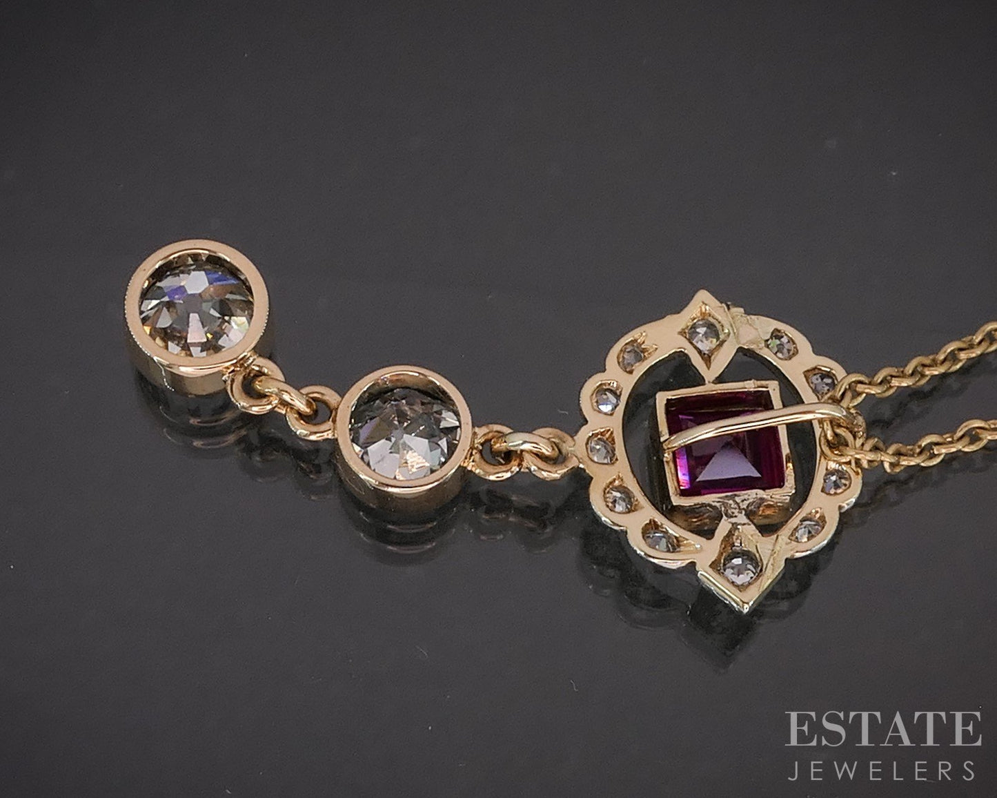 Antique Edwardian Platinum 14k Gold Ruby OEC 1.70ctw Diamond Necklace 6g p15540