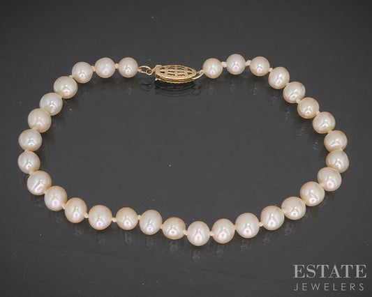 14k Yellow Gold 6mm Rose Colored Cultured Pearl Ladies Bracelet 7.5"L p16295b