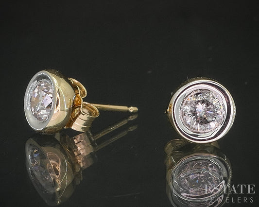 14k Yellow Gold Round Natural .50ctw Diamond Bezel Stud Earrings 1.2g p16211b