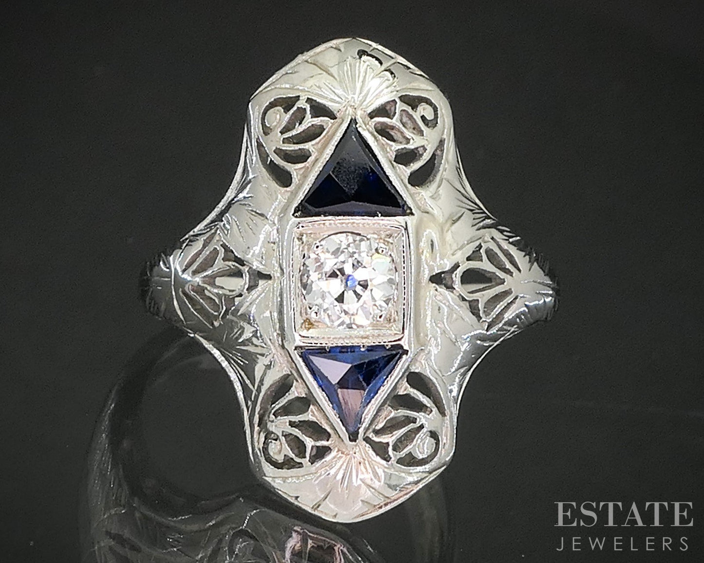 Antique 18k White Gold OEC Natural .24ct Diamond Sapphire Filigree Ring p16272