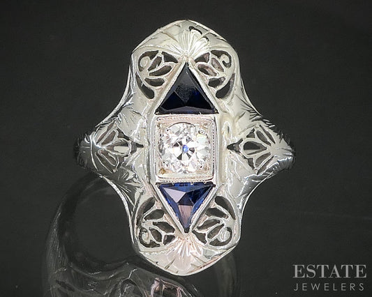 Antique 18k White Gold OEC Natural .24ct Diamond Sapphire Filigree Ring p16272