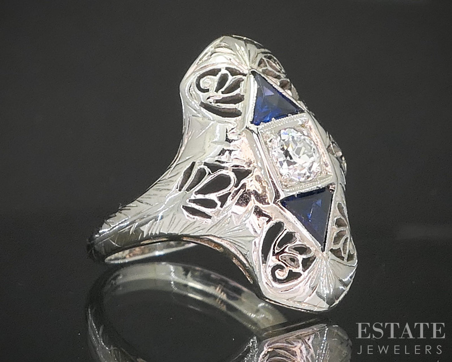 Antique 18k White Gold OEC Natural .24ct Diamond Sapphire Filigree Ring p16272