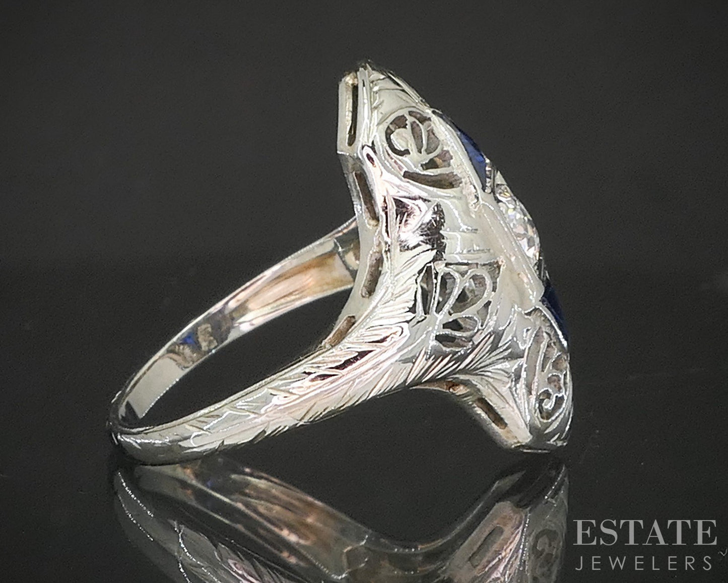 Antique 18k White Gold OEC Natural .24ct Diamond Sapphire Filigree Ring p16272