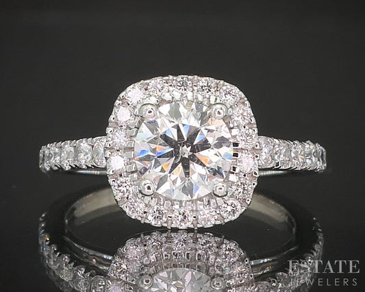 14k White Gold Round Natural 1.31ctw Diamond Halo Engagement Ring 3.8g p16268
