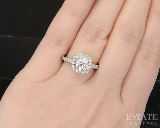 14k White Gold Round Natural 1.31ctw Diamond Halo Engagement Ring 3.8g p16268