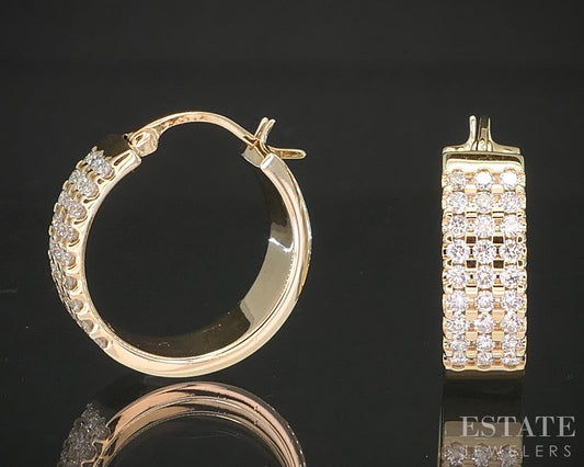 14k Yellow Gold Three Row Natural .54ctw Diamond Hoop Earrings 9.4g p16260