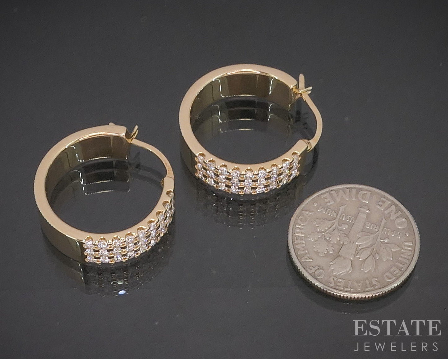 14k Yellow Gold Three Row Natural .54ctw Diamond Hoop Earrings 9.4g p16260