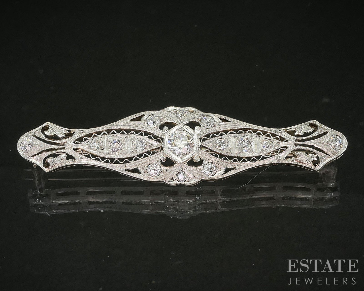 Antique Art Deco Platinum OEC .79ctw Diamond Filigree Pin Brooch 6.9g p16247