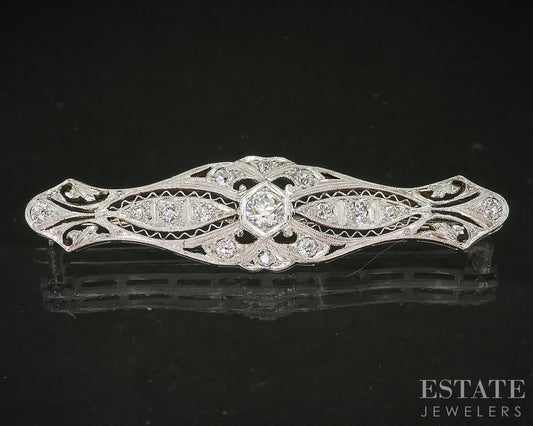 Antique Art Deco Platinum OEC .79ctw Diamond Filigree Pin Brooch 6.9g p16247