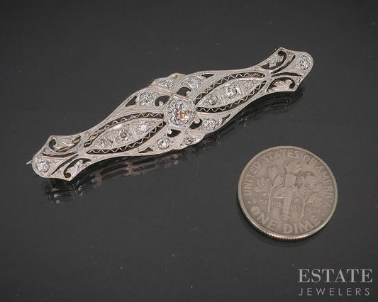Antique Art Deco Platinum OEC .79ctw Diamond Filigree Pin Brooch 6.9g p16247
