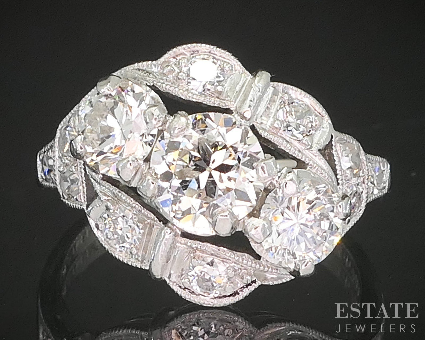 Art Deco Platinum Natural 1.70ctw Diamond Three Stone Engagement Ring 5g p16270