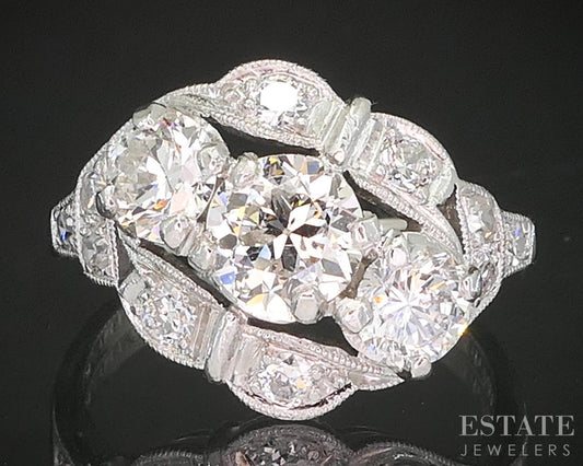 Art Deco Platinum Natural 1.70ctw Diamond Three Stone Engagement Ring 5g p16270